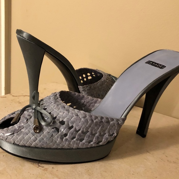 NIB CASADEI BLUE GREY SATIN MULE HEEL 9 - Picture 1 of 7